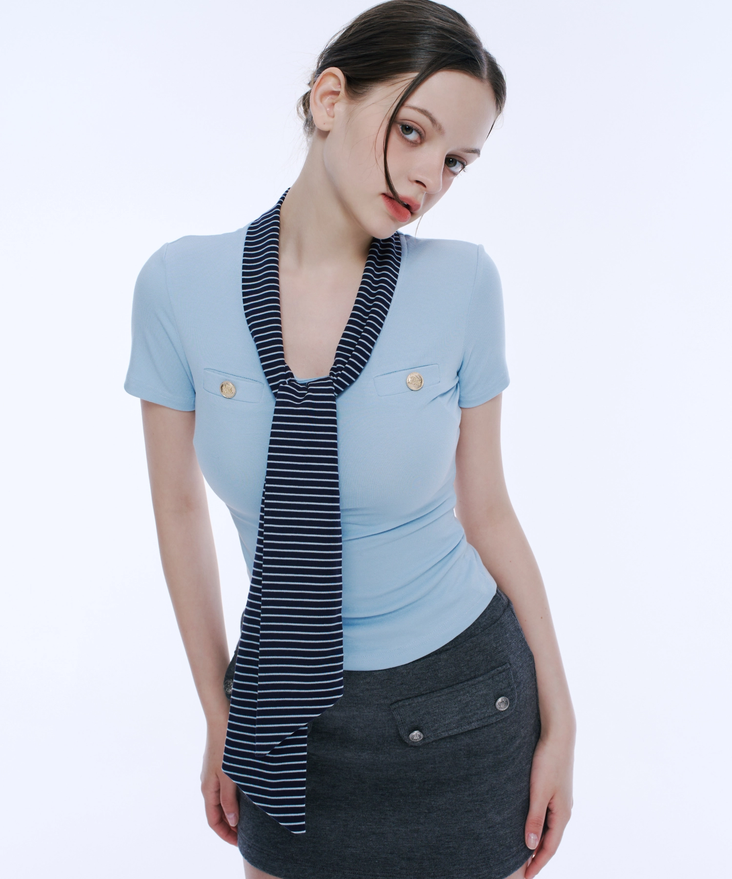 Scarf Detail Button Tee (Sky Blue)