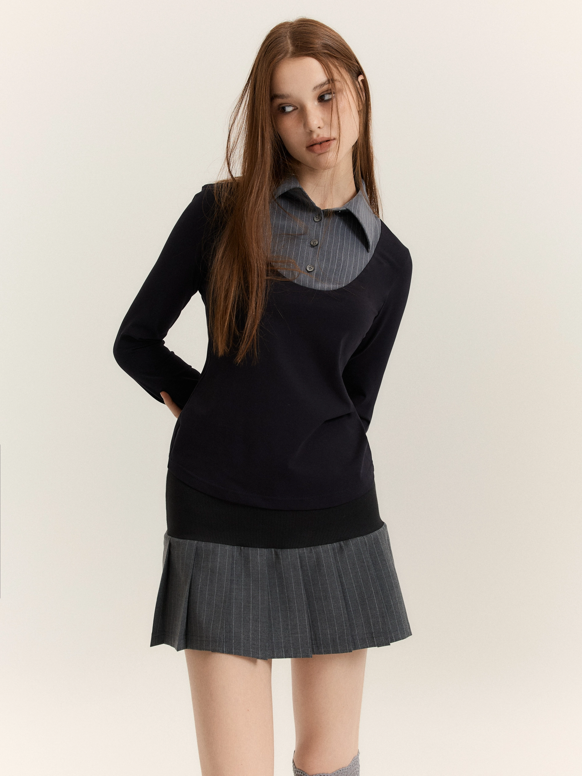 Mono Shirt-Layered Top (Black + Grey Stripe)