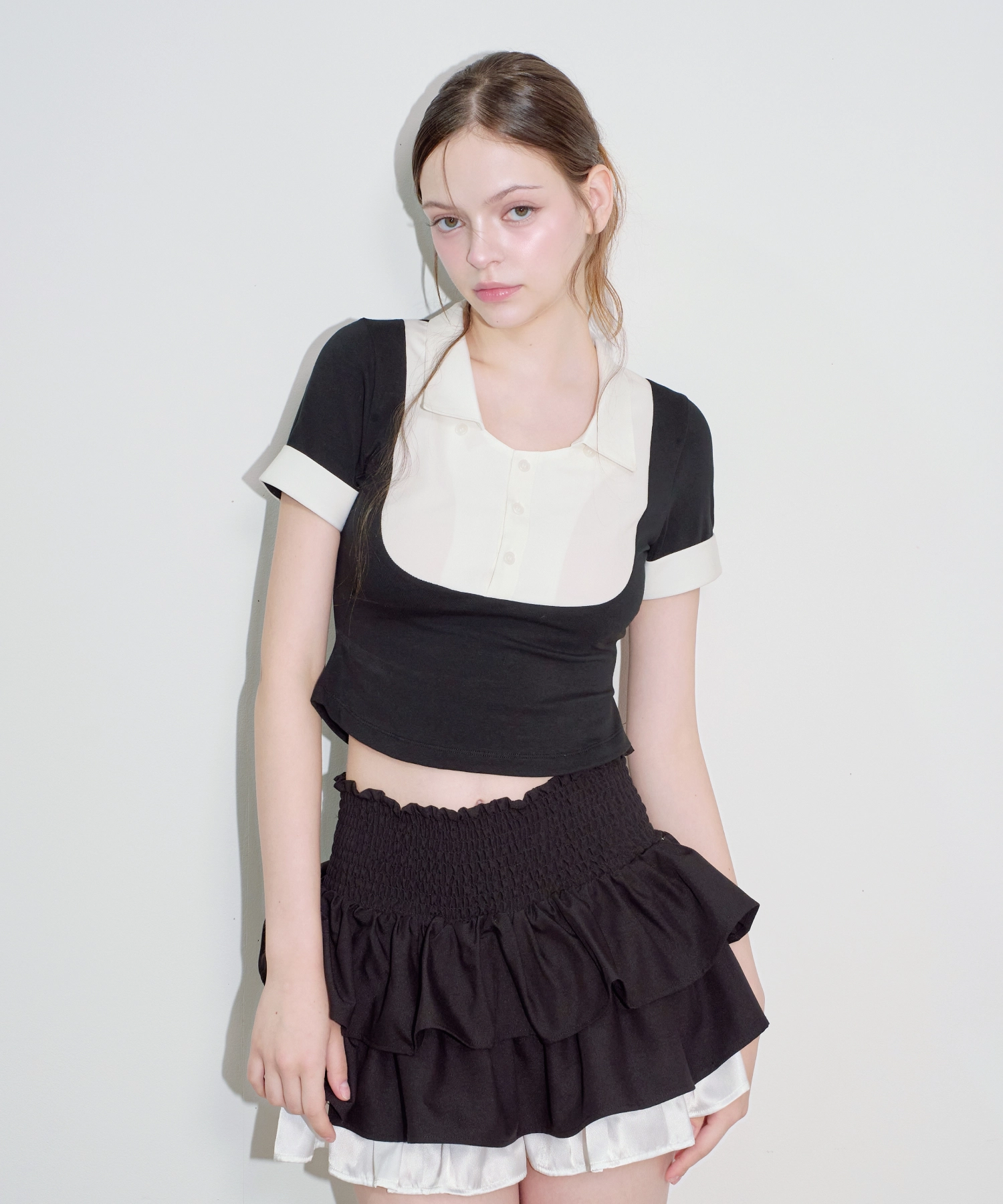 Layered Ribbon Scarf-Tie Short Sleeve Top (black)
