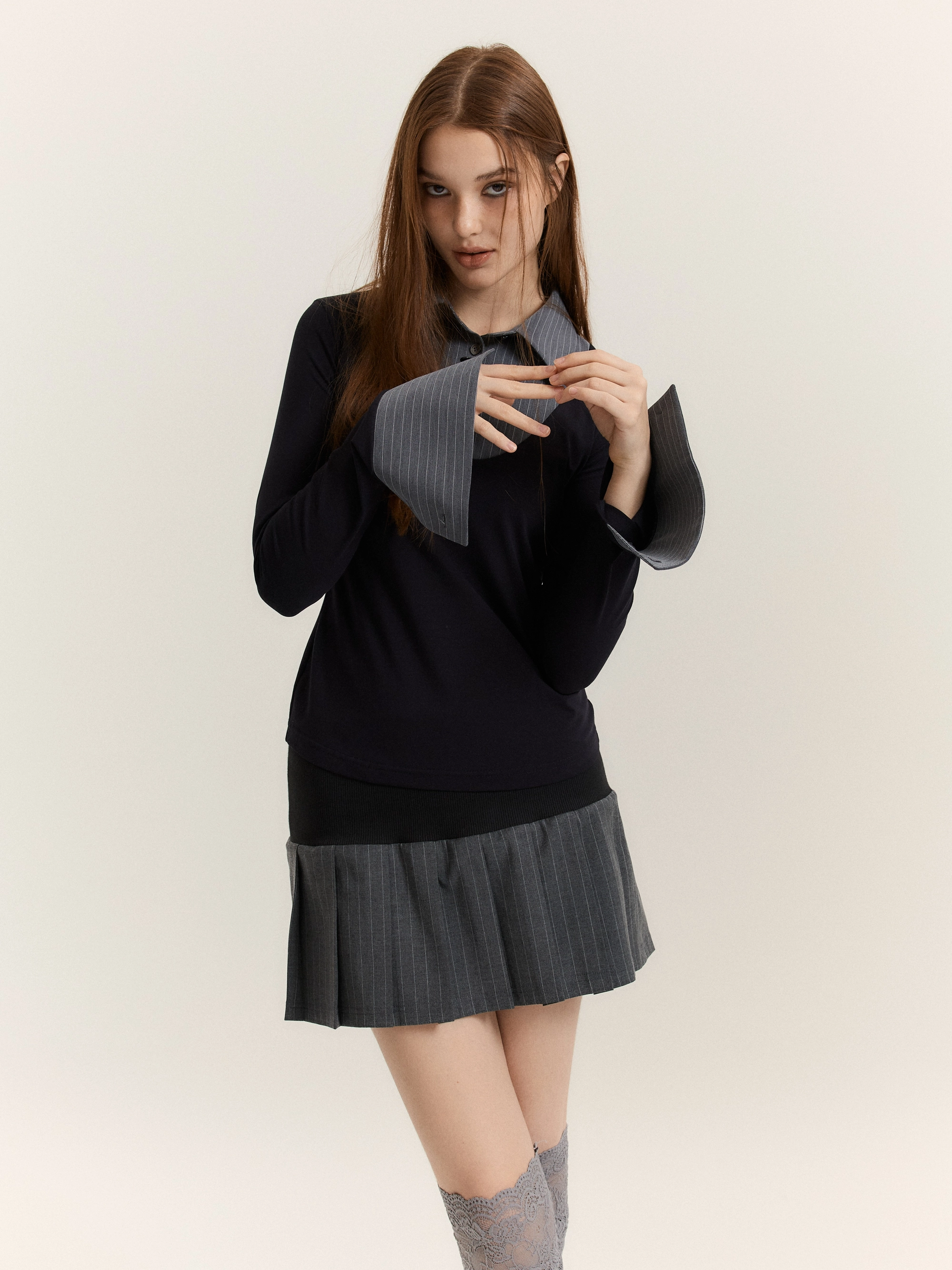 Mono Shirt-Layered Top (Black + Grey Stripe)