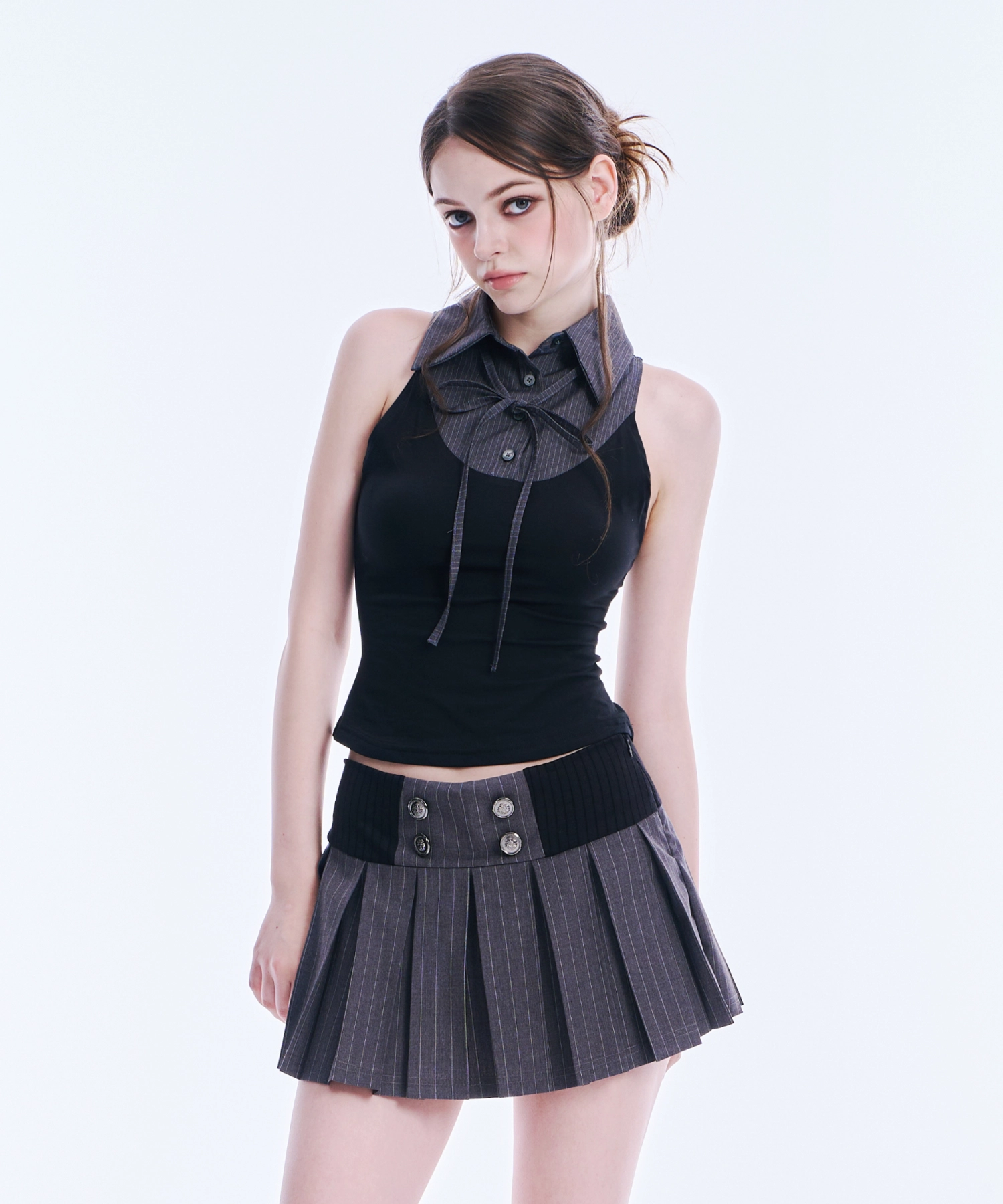 Layered Ribbon Collar Sleeveless Tee (Grey Stripe)