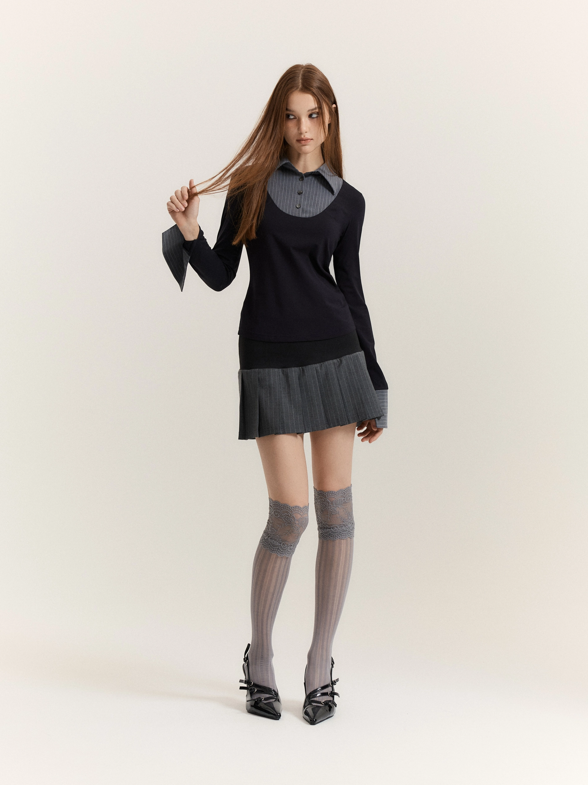 Mono Shirt-Layered Top (Black + Grey Stripe)
