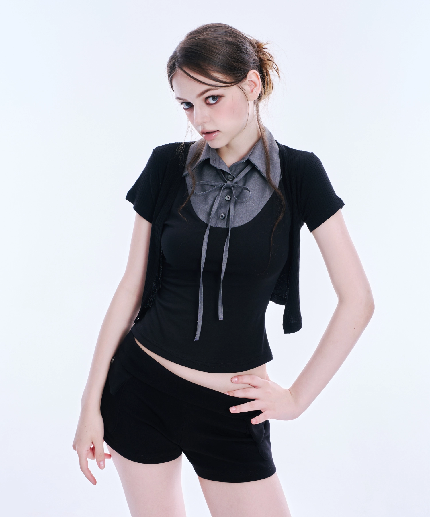 Layered Ribbon Collar Sleeveless Tee (Grey)
