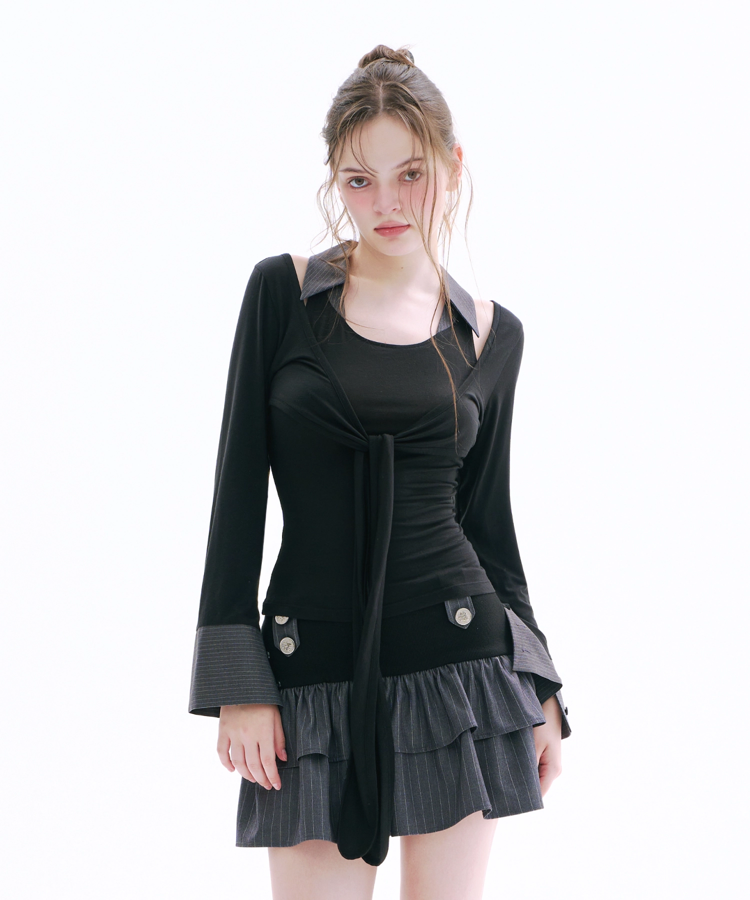 Double Ruffle Button Skirt (Gray)