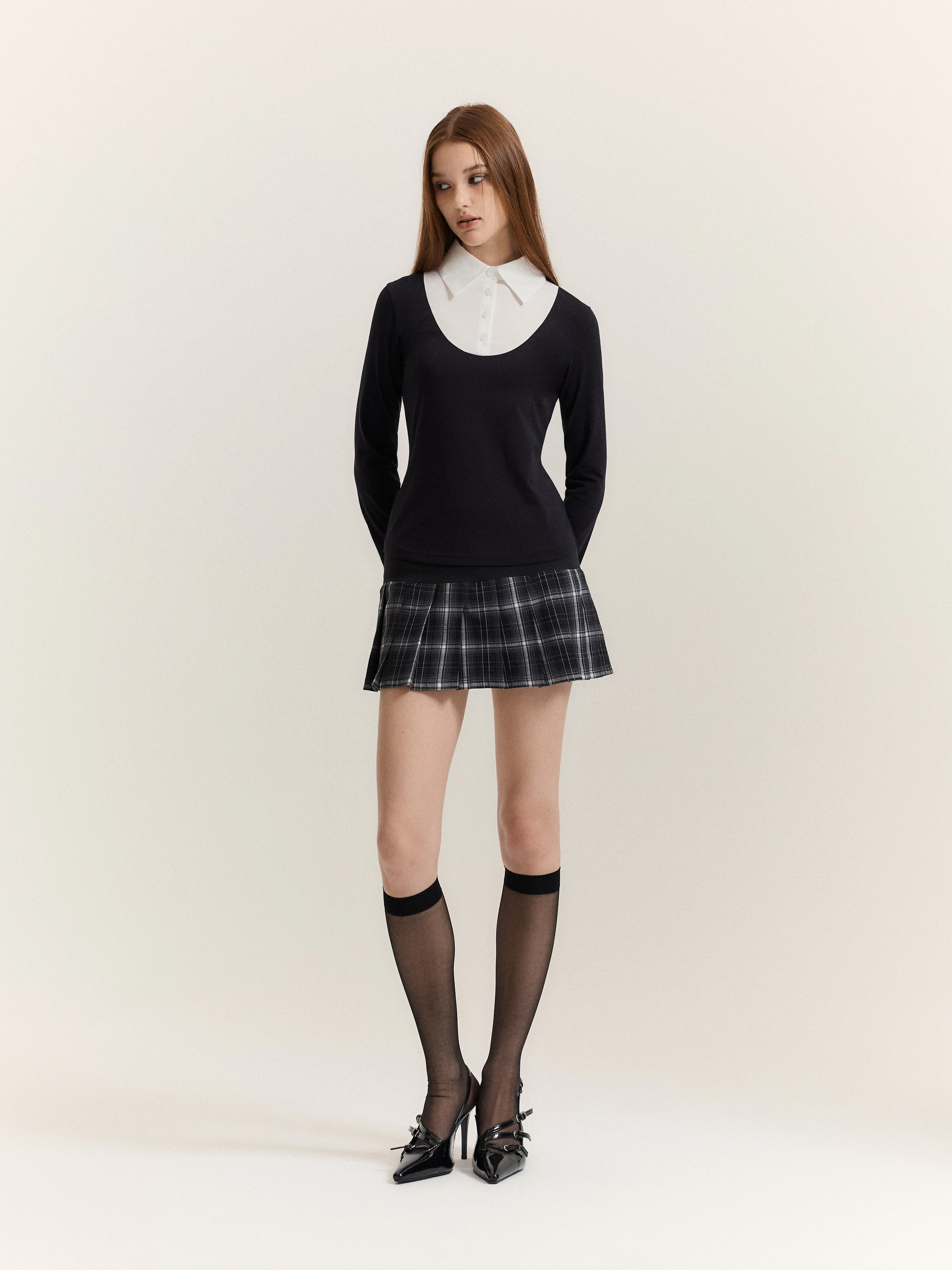 Classic Shirt-Layered Top (Black + White)