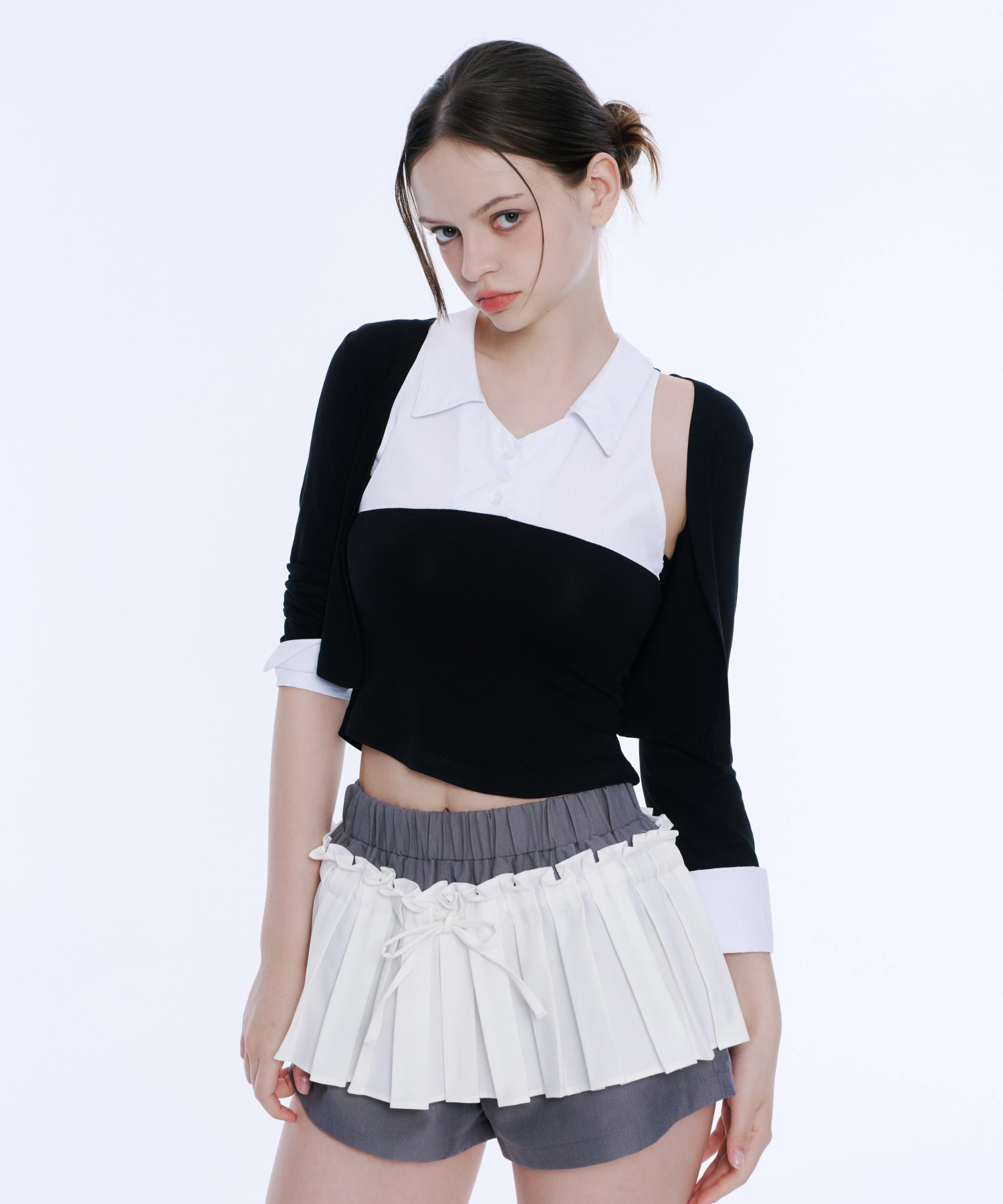 Frill Pleated Skirt Pants (White&Grey)