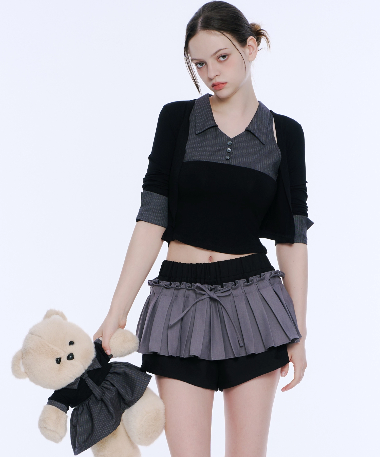 Layered Sleeveless Top & Bolero Set (Black&Grey)
