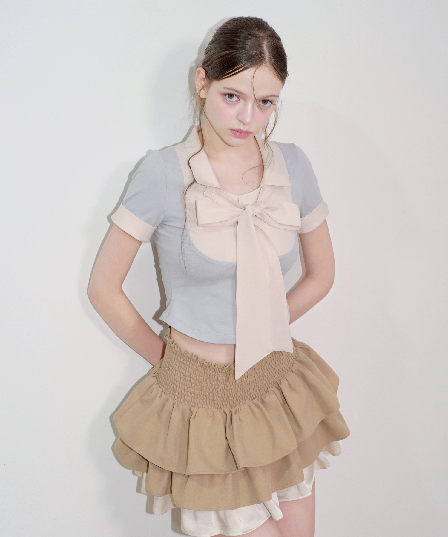 Layered Ribbon Scarf-Tie Short Sleeve Top (grey)