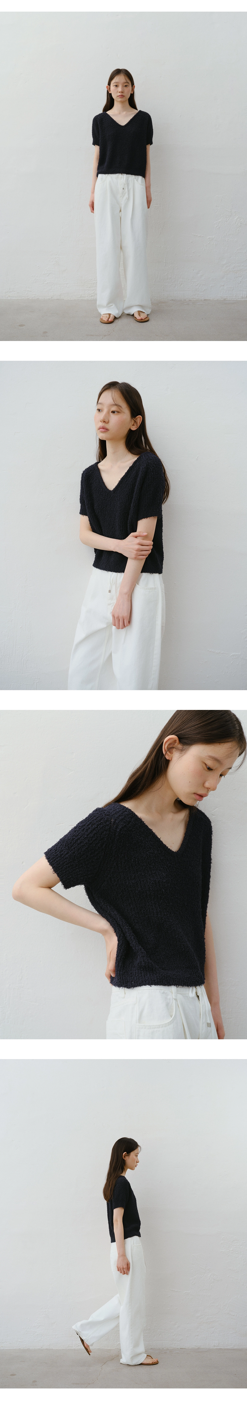 Boucle V-neck half knit_3colors