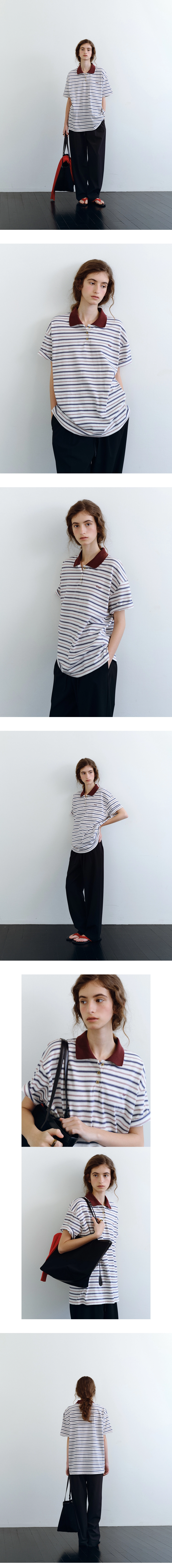 Stripe collar half t-shirt_3colors