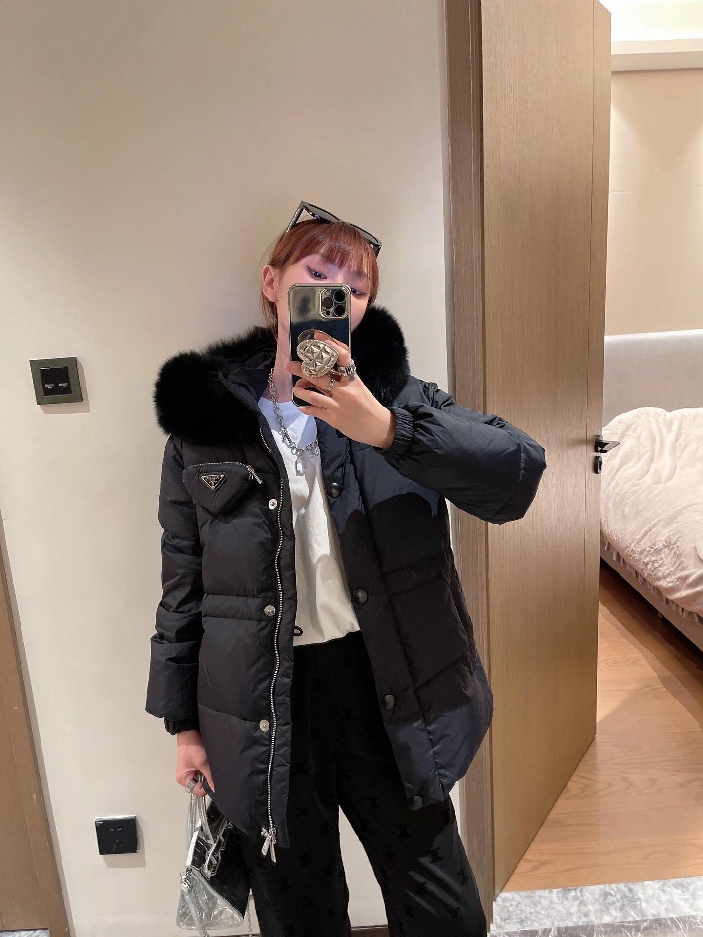 퍼 트림 후드 숏 다운 재킷