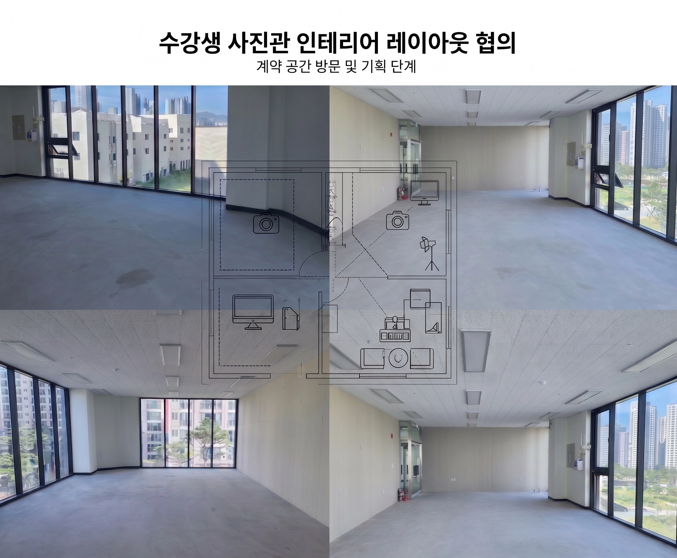 계약한 공간을 직접 방문하여 촬영실, 상담 및 대기 공간, 보정·출력 작업실의 효율적인 전체 배치를 잡습니다